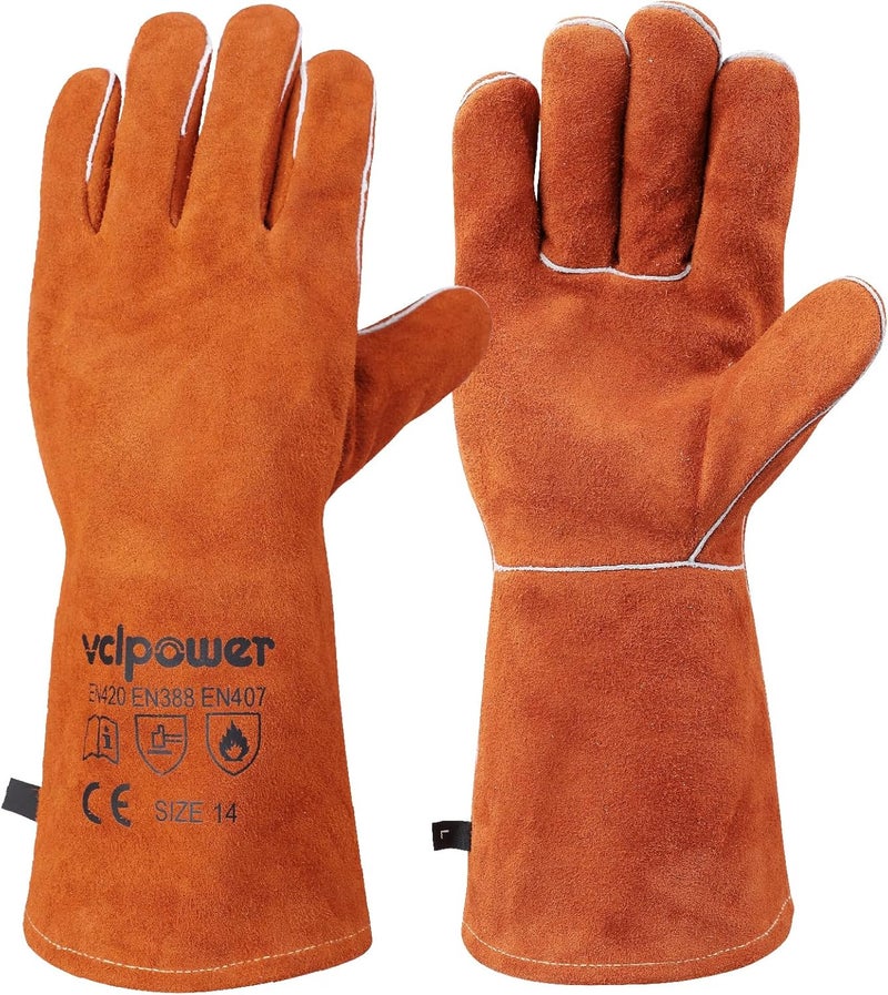 vclpower Welding Gloves Fire Heat Resistant 14IN Fireproof Leather for Welding Fire Pit Wood Stove Campfire Furnace BBQ Baking,Grill Oven Stick Mig Tig Gear Gift for Man L - Image 1